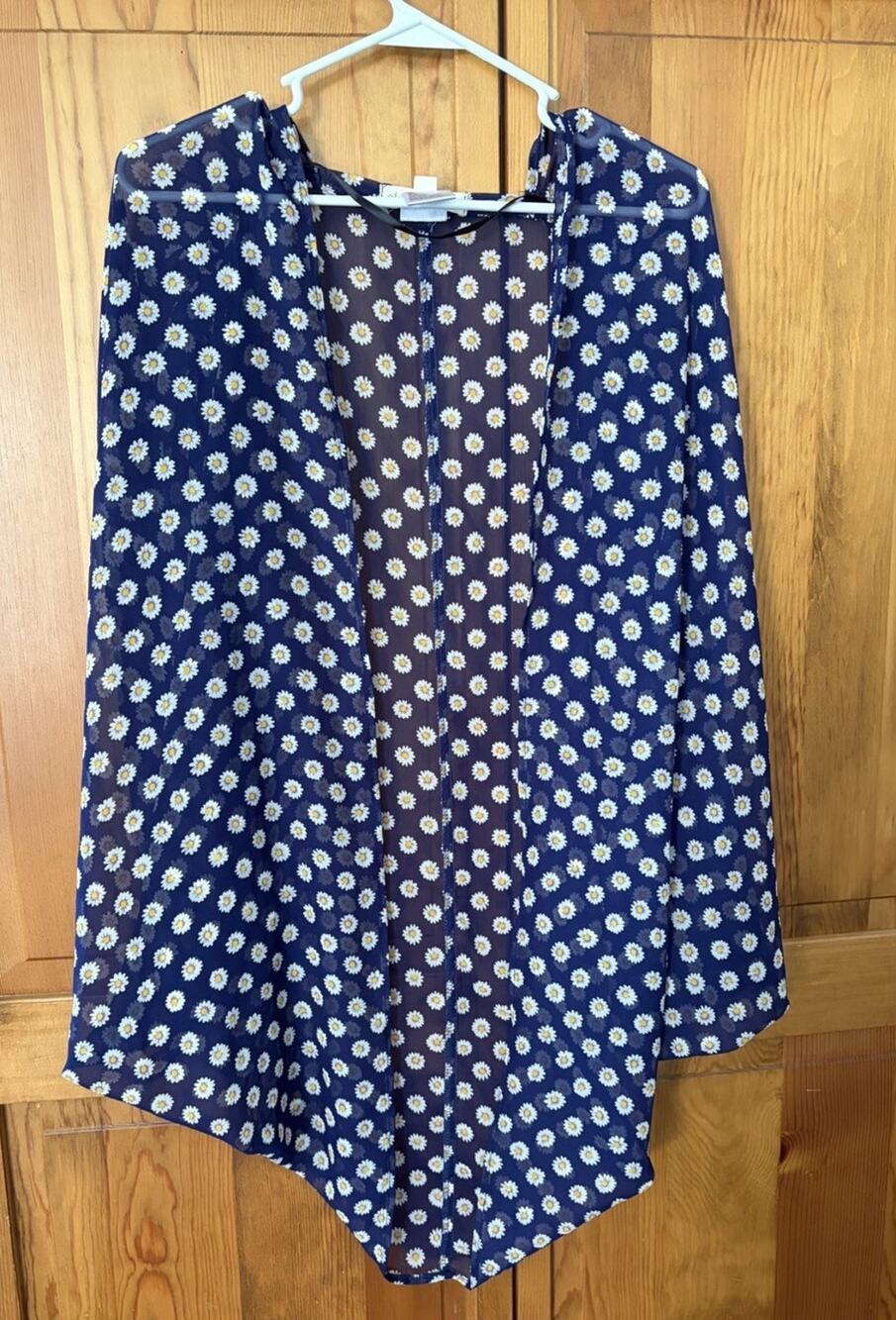 Women’s Staring At Stars Navy With Daisy Print Open Front Kimono Wrap Size M